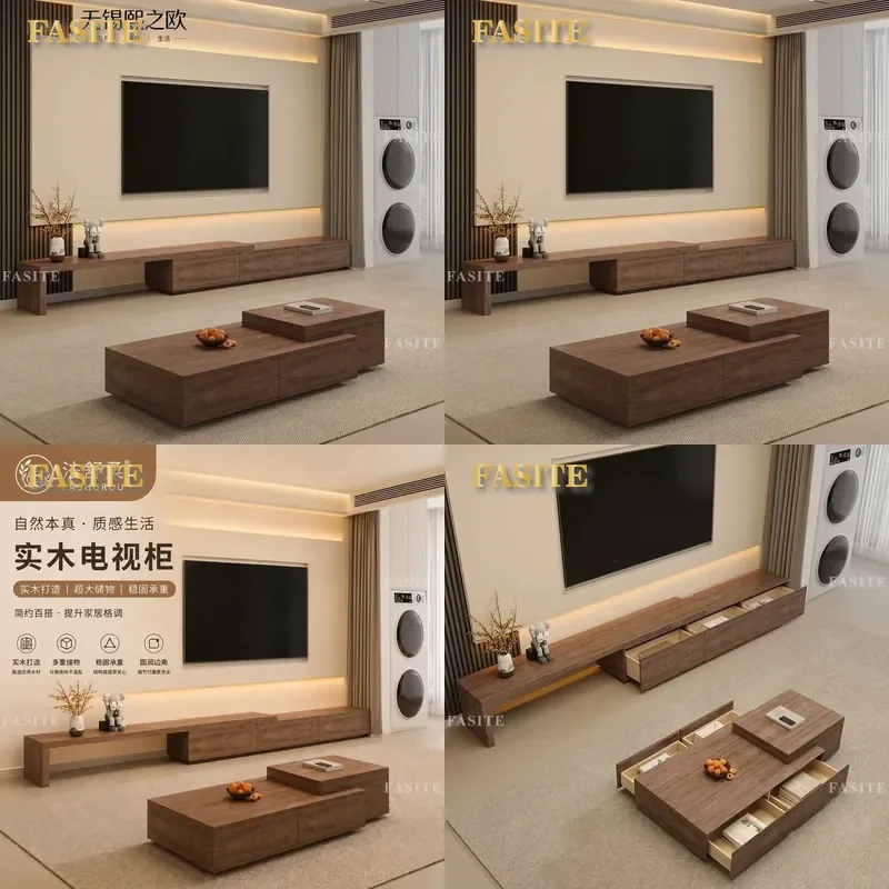 For Modern Simple Living Room Medieval Style Retractable Solid Wood TV Cabinet and Coffee Table Combination Floor Storage