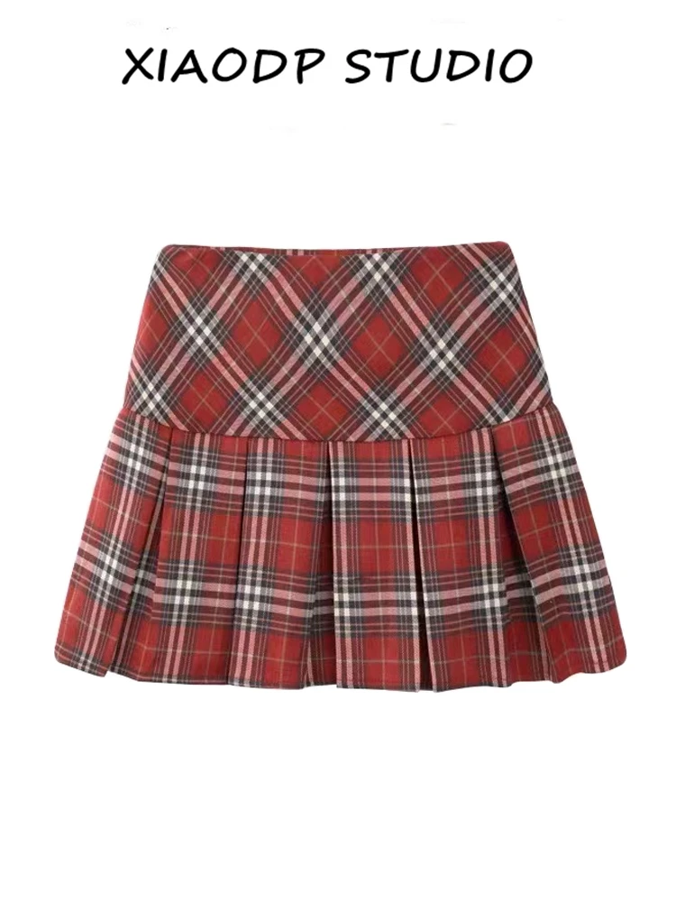 American Style Red Plaid High Waist Half Skirt Women's Autumn Large Size Pleated Short Skirt Slimming for Small Figures