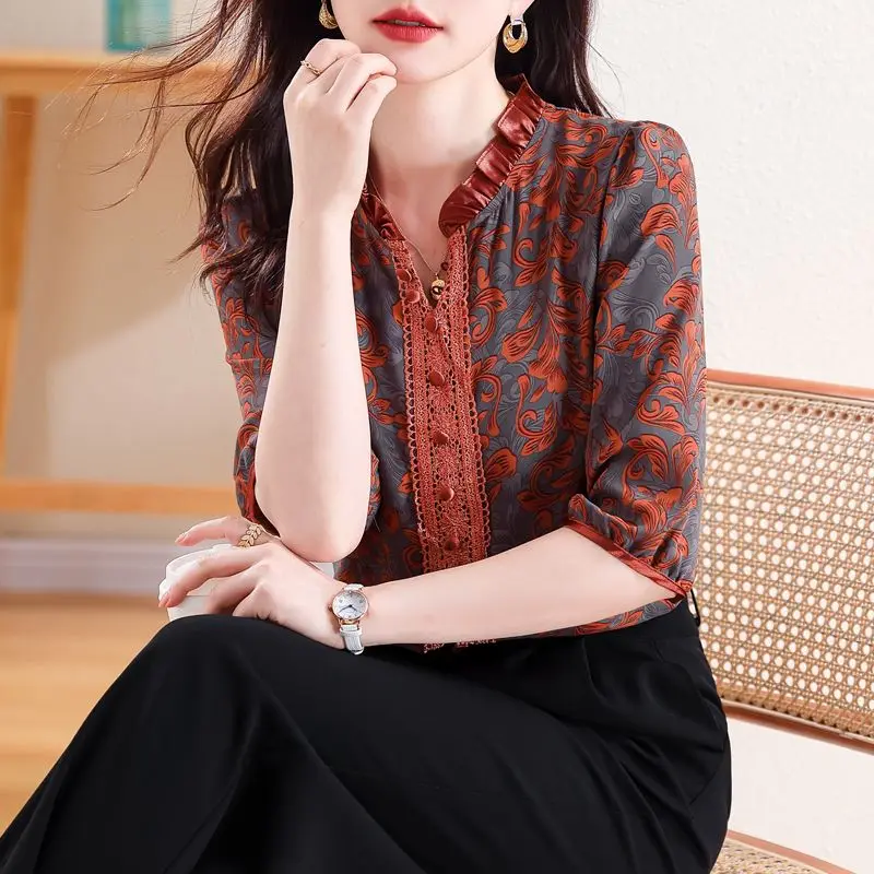 Women Vintage Ruffle Lace Patchwork Blouses Korean Fashion Print V Neck 3/4 Sleeve Shirts Elegant Chic Slim Tops Blusa Feminina