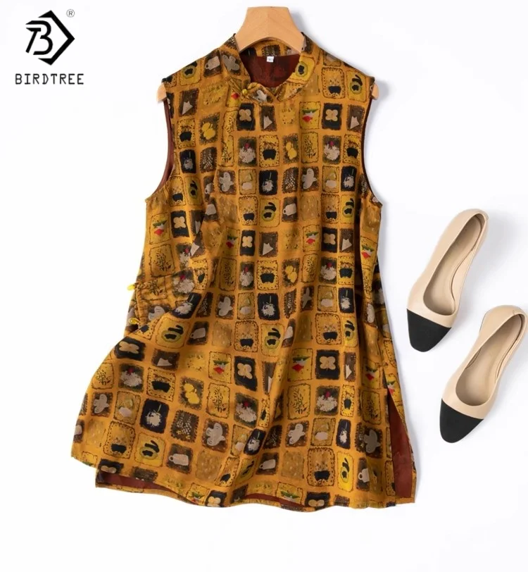 

Birdtree Summer 100% Mulberry Silk Vest,Women Jacquard Printing Stand Collar Diagonal Placket Loose Vest,New 2025 T55916JF
