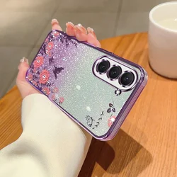 Luxury Glitter Butterfly Flower Phone Case For Samsung Galaxy S23 S22 S21 S20 FE S10 S9 S8 Plus Ultra Note 20 10 Gradient Cover