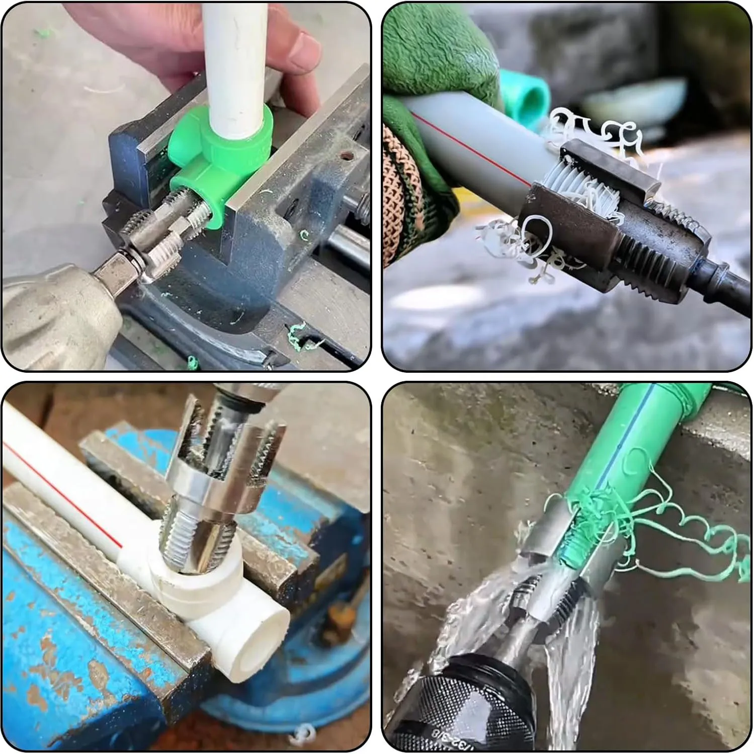 4-in-1 Werkzeugset zur Bearbeitung von Rohrgewinden, geeignet zum Schneiden von Innen-/Außengewinden an 1/2-, 3/4- und 1-Zoll-PVC-Rohren. – Detail 2