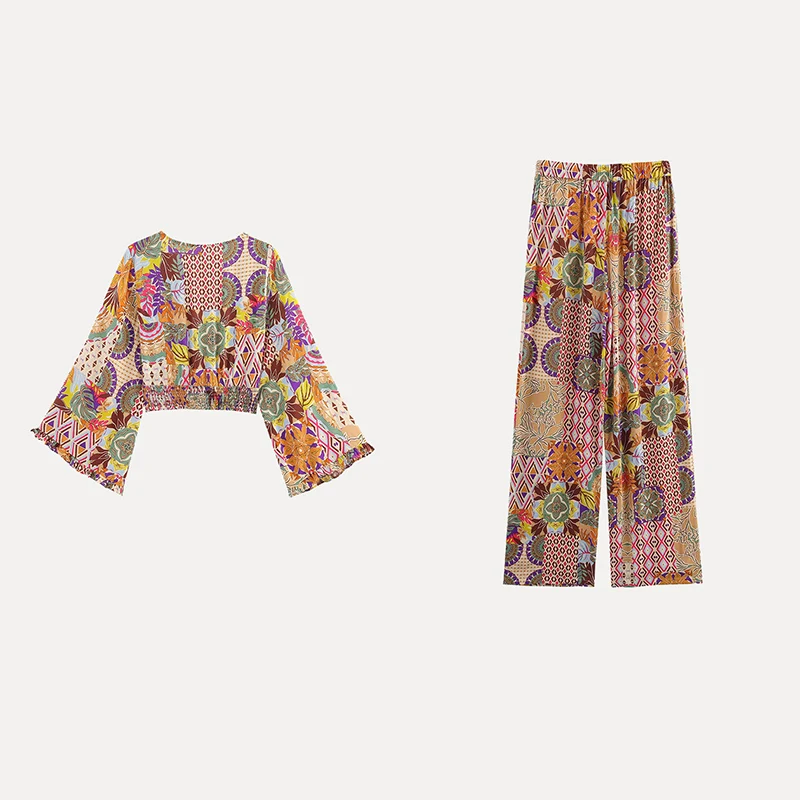 

Весенний женский модный комплект, длинные брюки из полиэфирного волокна с высокой талией, топ с v-образным вырезом, наряд с цветочным принтом, брюки с высокой талией