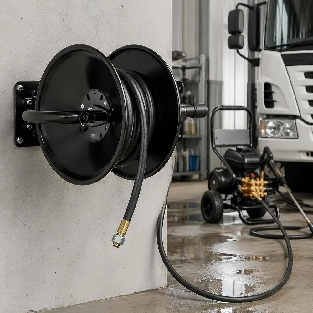 Enrouleur de tuyau pour nettoyeur haute pression 15,2 m x 9,5 mm pour lavage de voiture, entretien des sols, arrosage du jardin, structure en acier, montage mural ou au sol, manivelle manuelle, pression de 275,8 bars, connexion rapide, noir