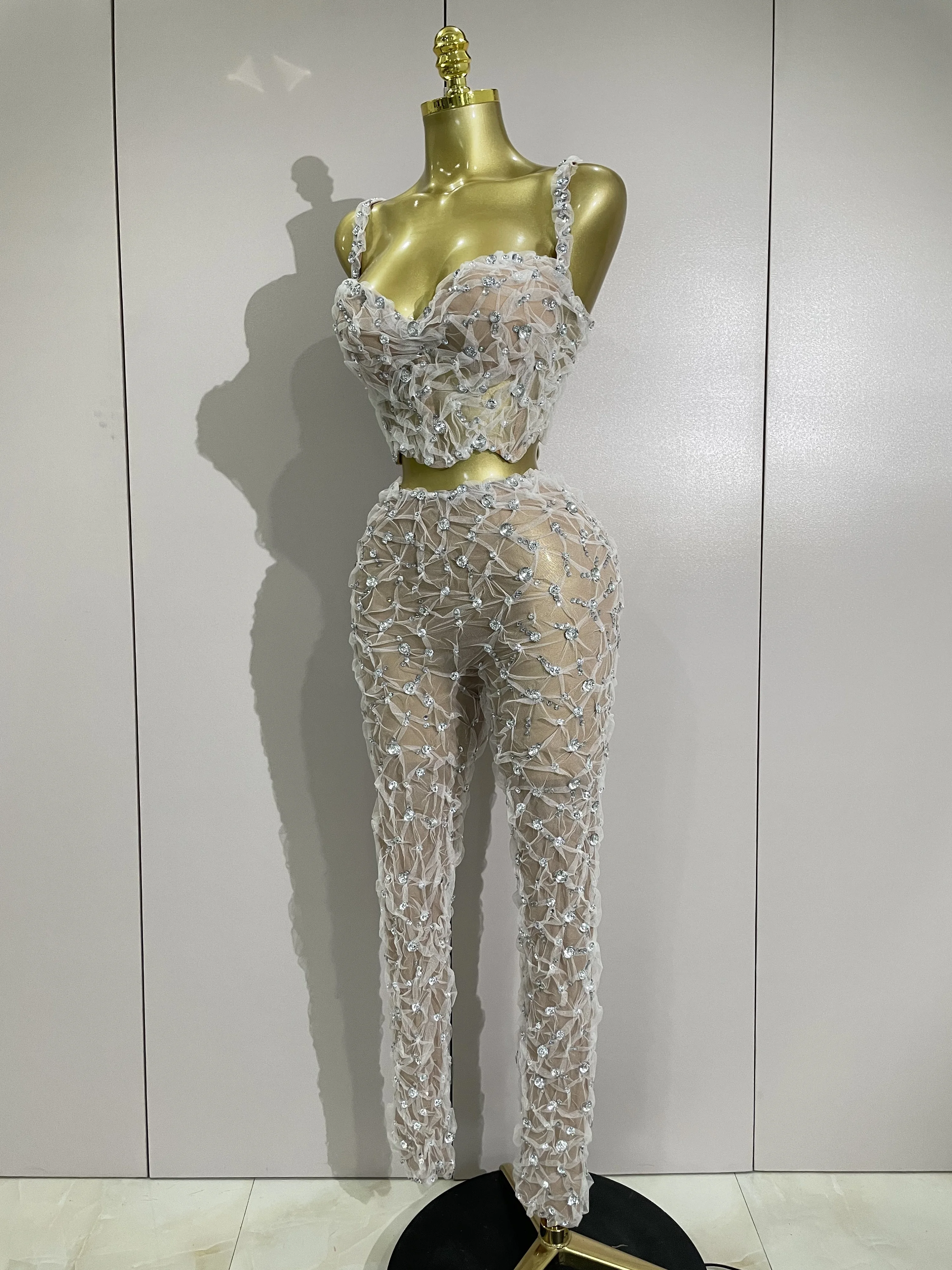 مثير سباركلي الماس الربط الدانتيل الرسن أعلى + السراويل الطويلة قطعتين مجموعة النساء احتفال عيد ميلاد راقصة ملهى ليلي المرحلة زي #2