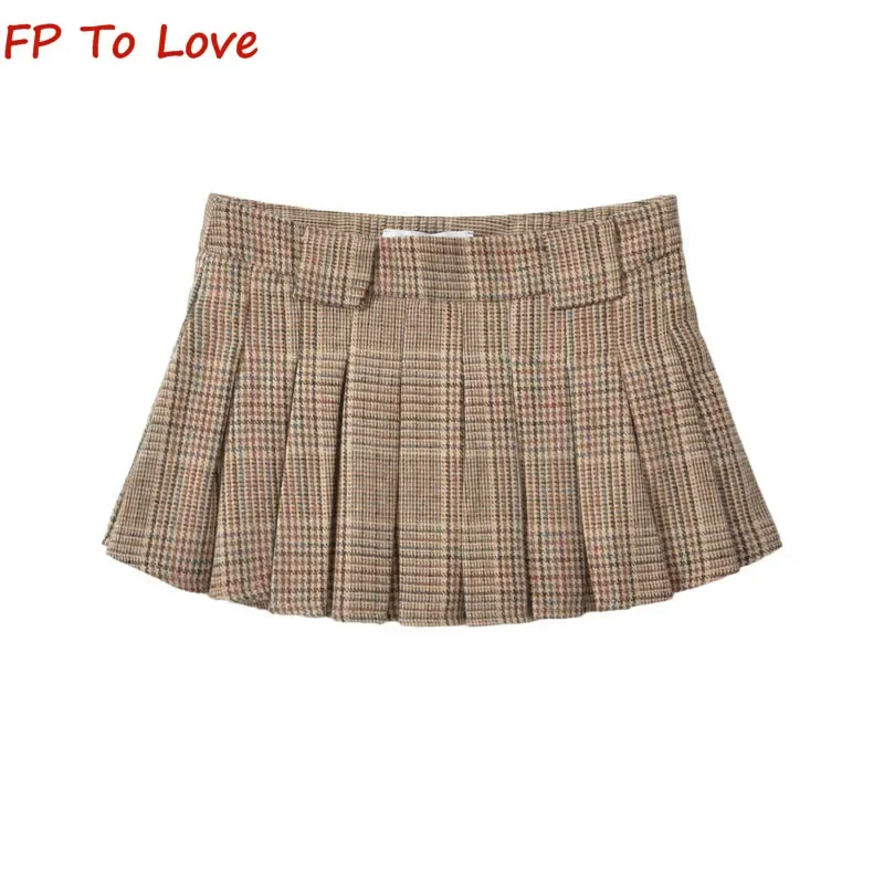 

Autumn Winter Murad Tweed Vintage Khaki Check Pleated Skirt Spice Girls High Waisted Anti-Walking A-line Half-body Skirt