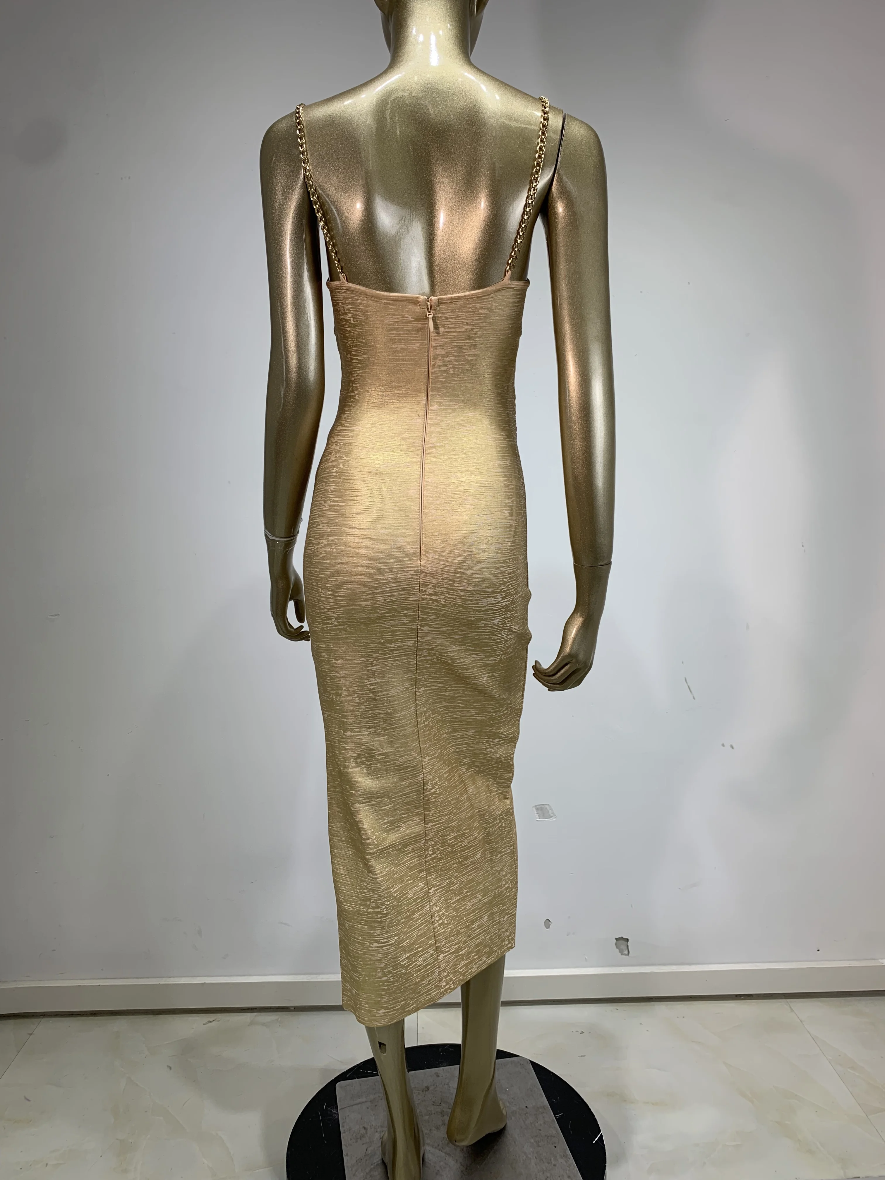 レディース サマー ゴールド ブロンズ バンテージ ドレス スパゲッティストラップ カットアウト オープンレッグ ミディ丈 カーフ丈 セレブリティ イブニング クラブ パーティー ドレス 誕生日