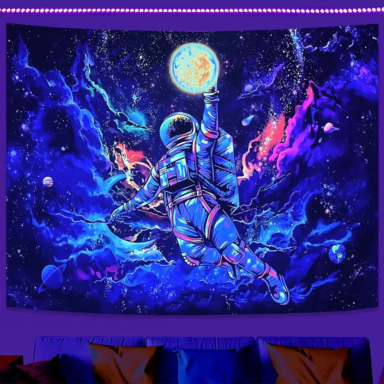 

Black light astronaut space tapestry, UV active galactic universe planet night light tapestry, cool poster