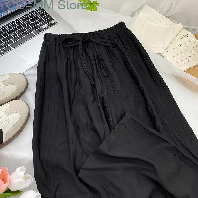 New High Waisted Pants for Women Solid Korean Fashion Drawstring Wide Leg Pants Ladies Casual Full Length Pants