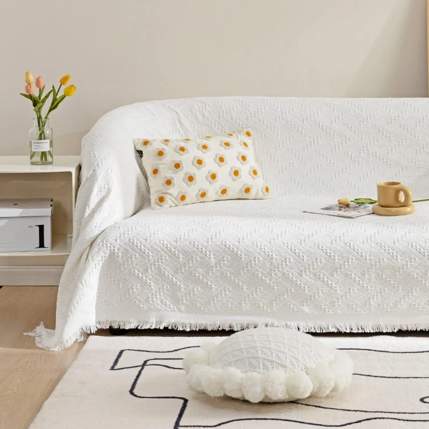 

Cotton Knit Sofa Slipcover for 4-Seater Couch, Geometric Pattern, Pet-Friendly Protector in White