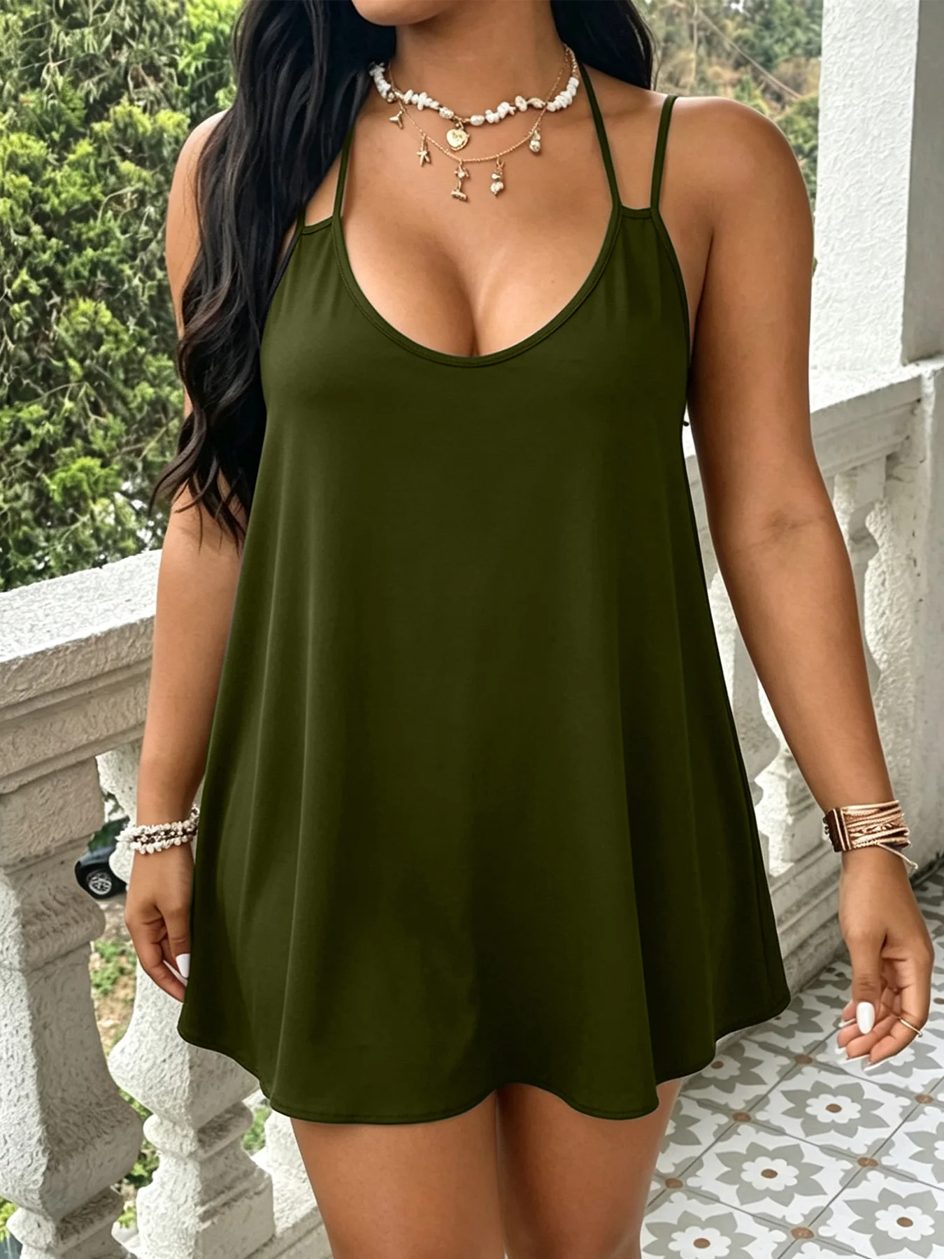 Pure Solid Dual Spaghetti Strap Plus Size Knit Flowy Tank Top, Vintage US Trendy Skin-Friendly Casual Style All Season Irregular Hem Cami Wide Color Range For Curvy Females Daily Gathering Going Out image 2
