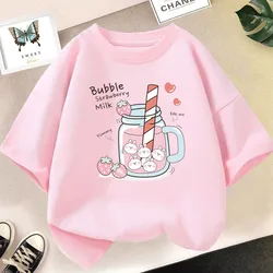 Strawberry Juice Graphic Print T-shirt Girls Aesthetic Pink Tops Tee 2023 Summer New Fashion Kids T Shirt