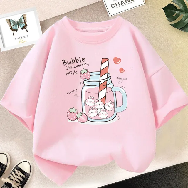 T-shirt z nadrukiem graficznym z sokiem truskawkowym dziewczęce estetyczne różowe topy Tee 2023, letnia nowa modna koszulka dziecięca