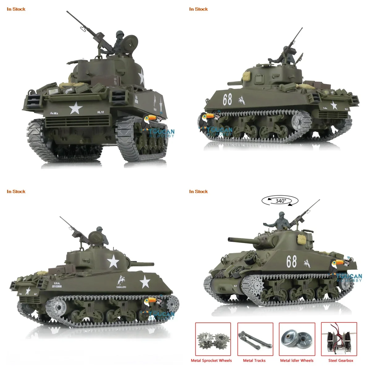 

US Stock 2.4G Heng Long 1/16 Scale 7.0 Upgraded M4A3 Sherman RTR RC Tank 3898 Metal Tracks Radio Control Panzer Cars Gifts
