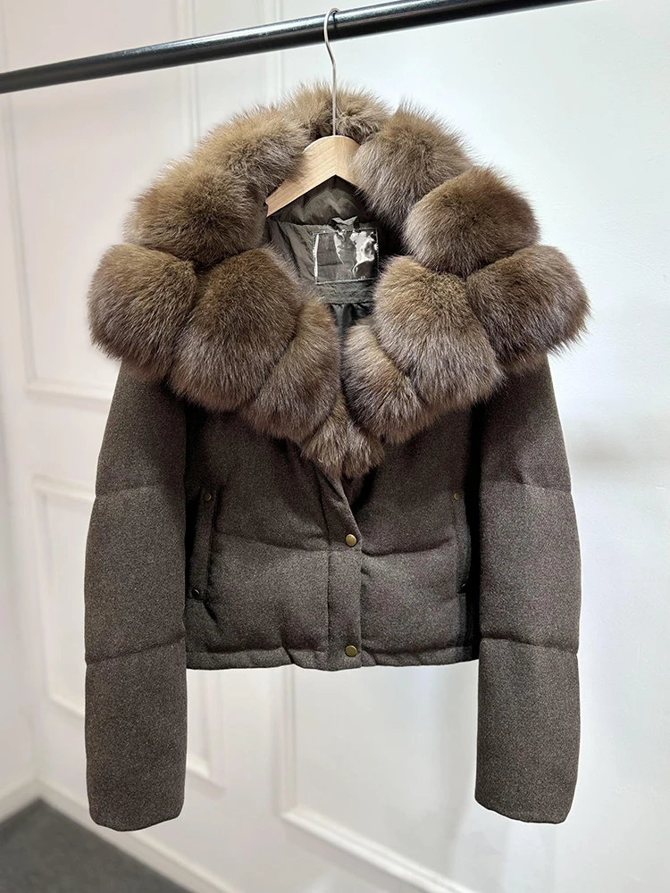 2026 Luxury Winter 90% White Duck Down Wool Blends Jacket Women Real Natural Huge Fox Fur Thickened Warm Puffer Wool Down Coat