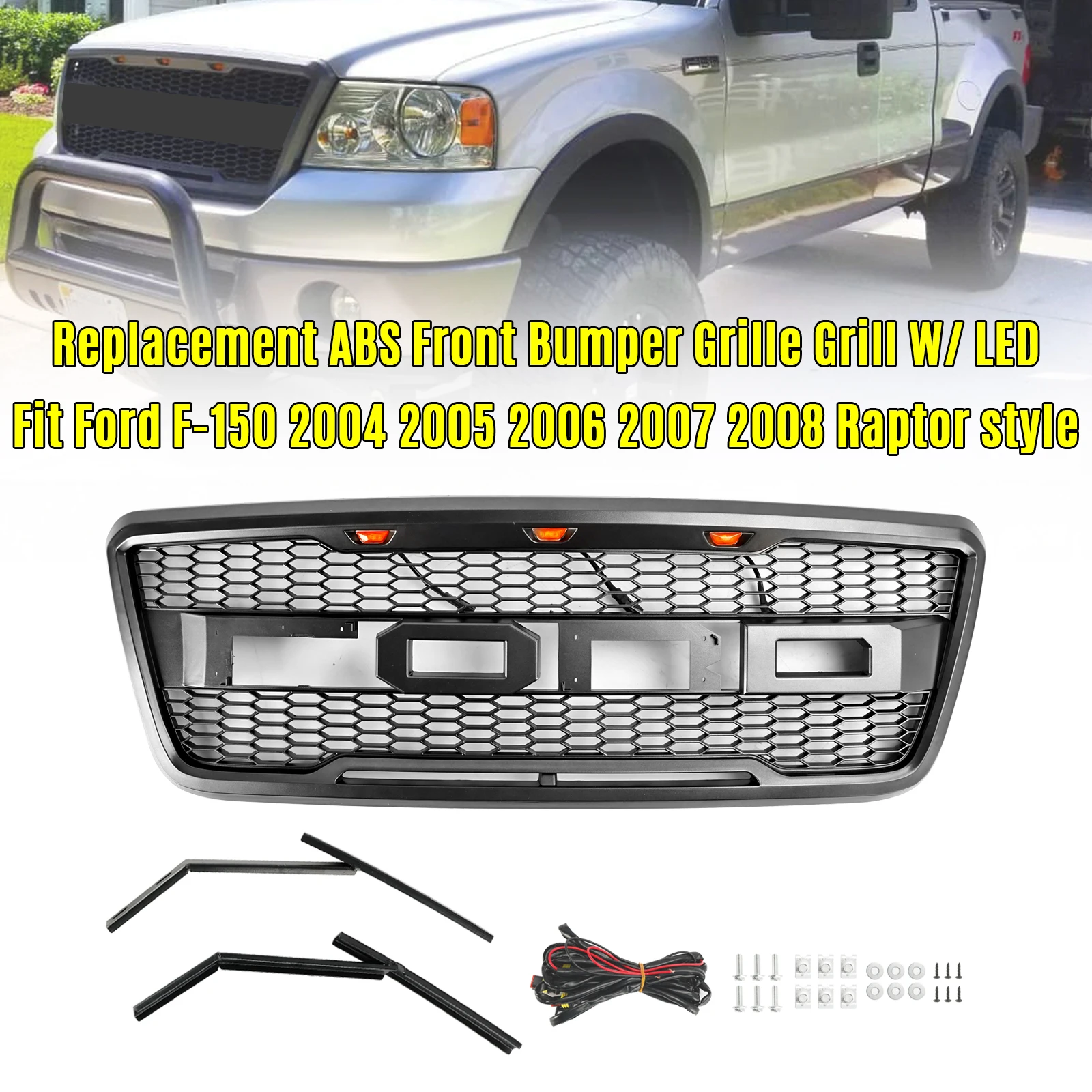 

Artudatech Raptor Style Front Mesh Hood Grille Grill Fit Ford F150 2004-2008 With LED
