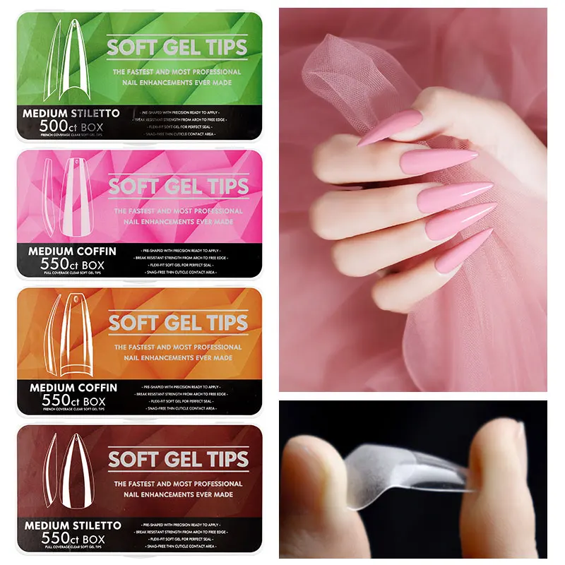 440-550Tips Soft Gel Tips False Nails Long Coffin French Stiletto Half Matte Fake Nail Full Almond Bamboo Boxed For Manicure Art