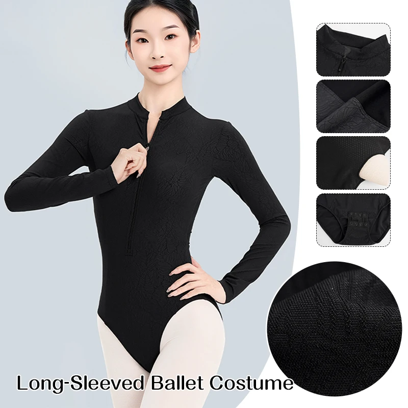 

Женский балетный трико на молнии для взрослых, жаккардовый комбинезон с длинными рукавами и открытой промежностью, сетчатый боди для танцев, эластичный гимнастический комбинезон