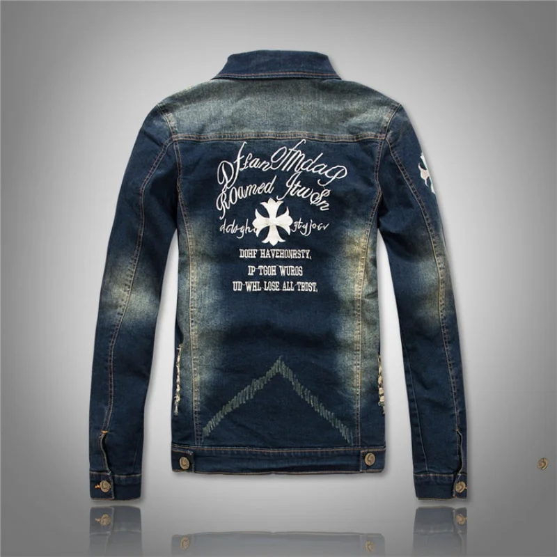 Autumn Spring Men Ripped Denim Jackets Patchwork Designs Cowboy Jeans Jacket Single Breasted Long Sleeve Streetwear