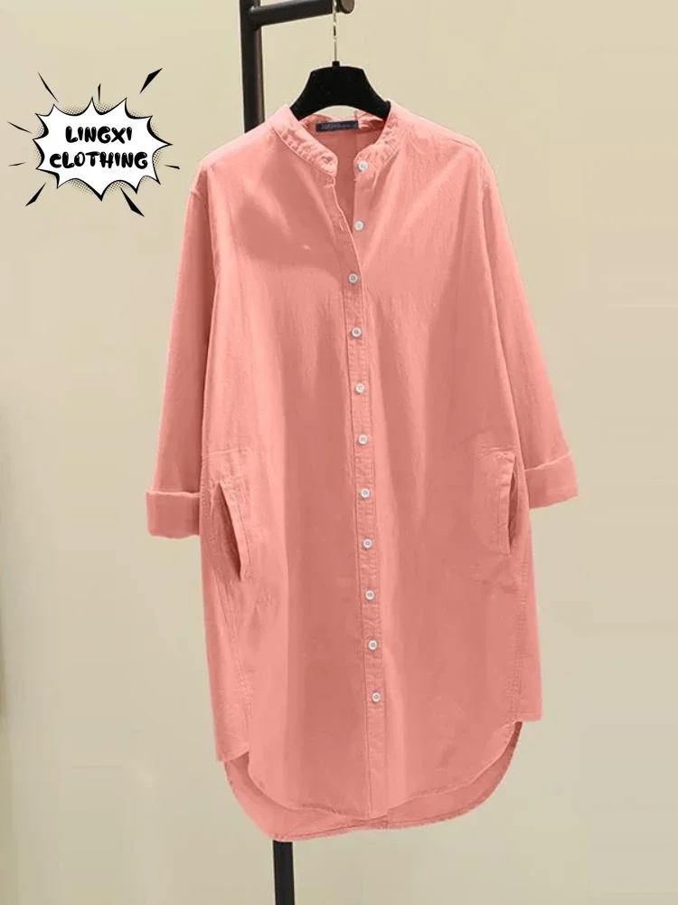 

Fashion New Elegant Solid Cotton Linen Women's Shirt Single Breasted Round Neck Casual Commuter Style Mid Length Shirt