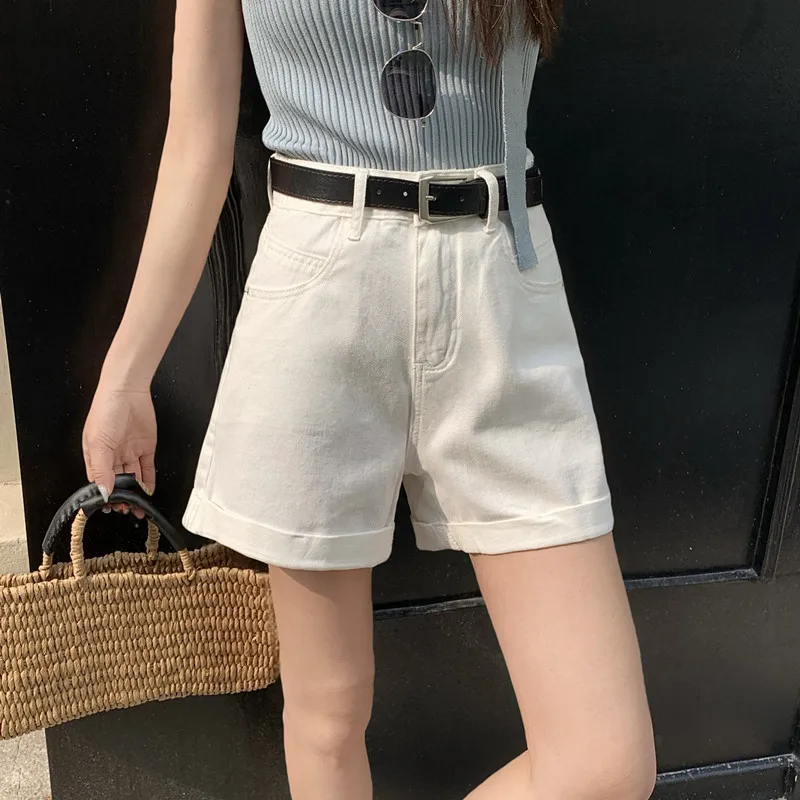

Summer High Waist With Belt A-line Jeans Shorts Women 2025 Korean Fashion Casual Loose Solid Wash Female Denim Wide Leg Pants