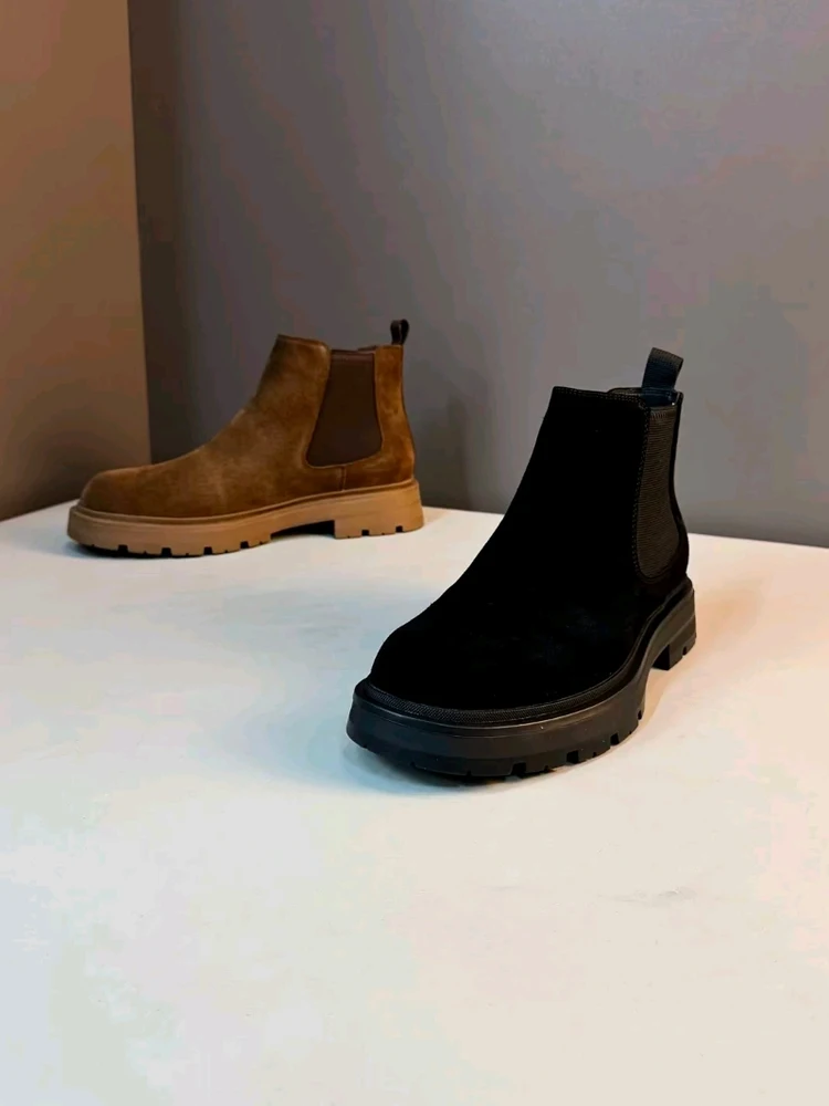 

Men's Winter Casual Leather Shoes Warm Comfortable Fashionable All-Match Stylish Booties round Toe mid Heel Rubber Outsole