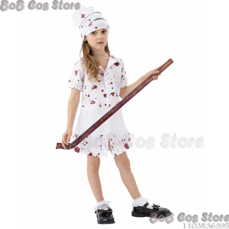 Bloodied Nurse Cosplay Costume Silent Halloween Hill Triangle-headed Zombie Uniform Kids Children Clothes Dress+Belt+Bandage Set