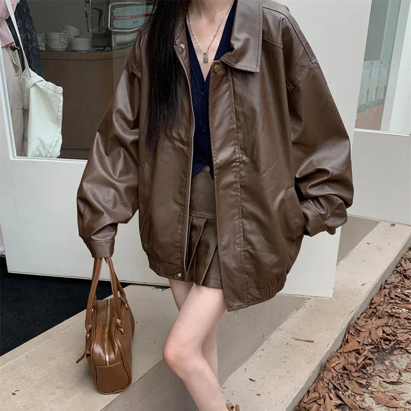 Women Faux Leather Jacket American Vintage Solid Color Pu Loose Casual Versatile Outwear Highstreet Streetwear Coats Female