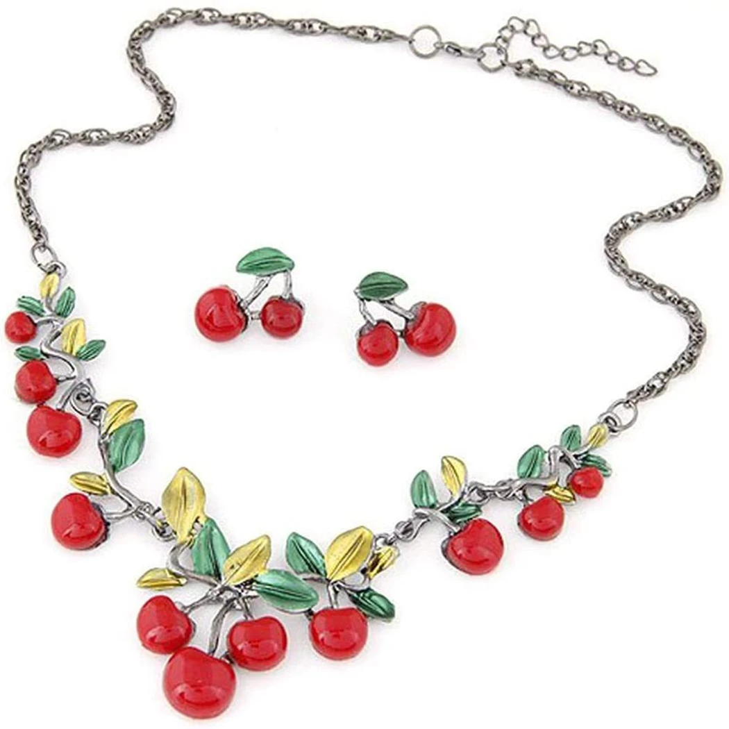 Retro Chain Necklace Cherry Pendant Necklace Charm Necklace With Stud Earrings Women Fashion Retro Jewelry Cherry Necklace Set