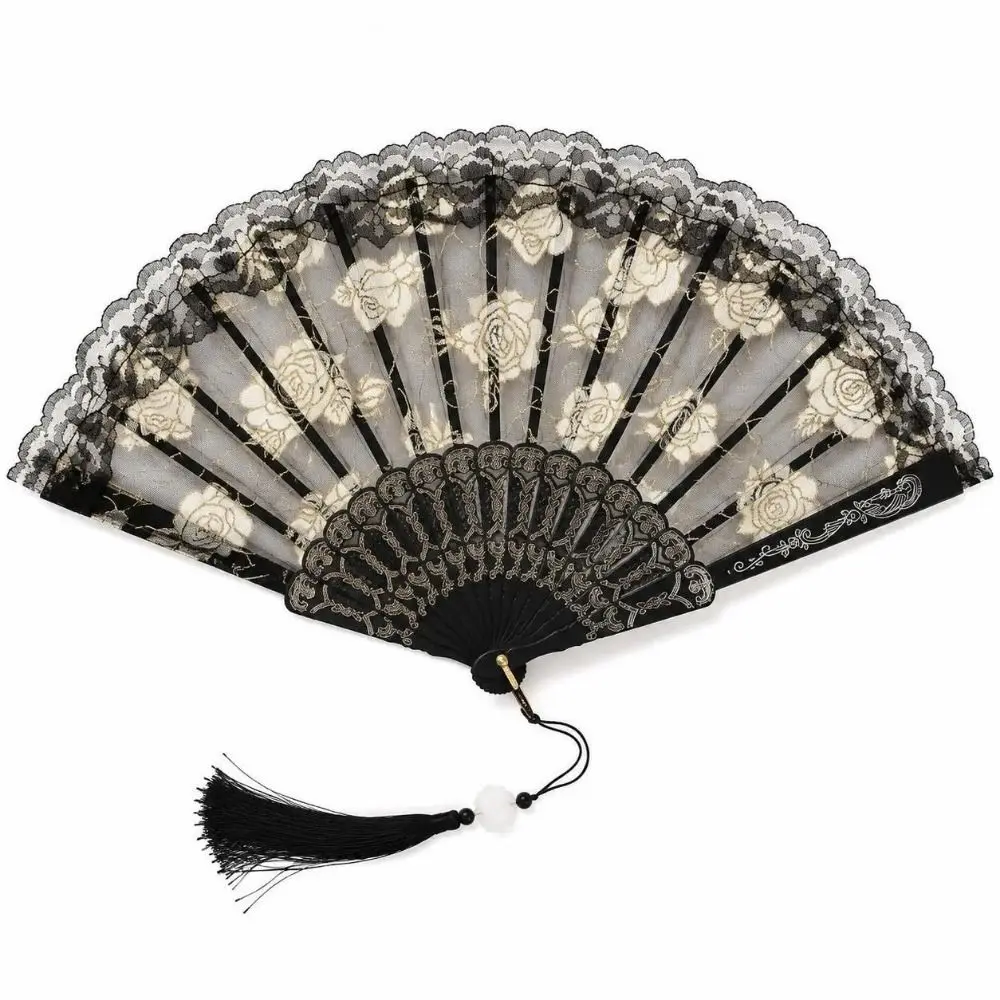 4pcs Durable Black Hand Fan Plastic Frame Lace Folding Fan Folding Tassel Handheld Fan Summer Outfit Stage Performance