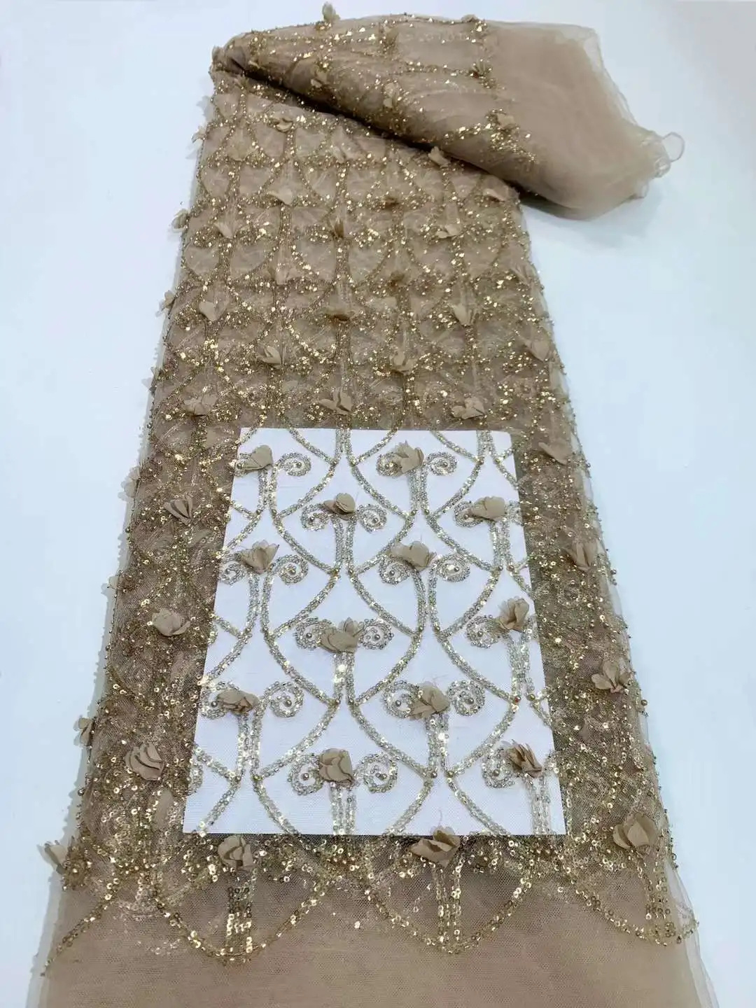 

African Sequins Lace Fabric, High Quality Embroidery, 3d Flower Sequence, Beaded Lace Fabric For Bridal Material Fs