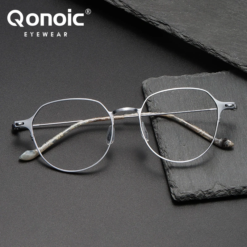 QONOIC Runde Brille aus reinem Titan, superleichte Vintage-Brille, Markendesigner-Stil, Brille AT02314