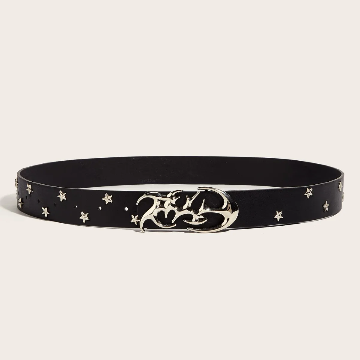 

Punk Y2K Riveted Shape Buckle Leather Belts for WomenMen, Black PU Waist Strap with Star Hollow Belt, Jeans Skirt Decoration