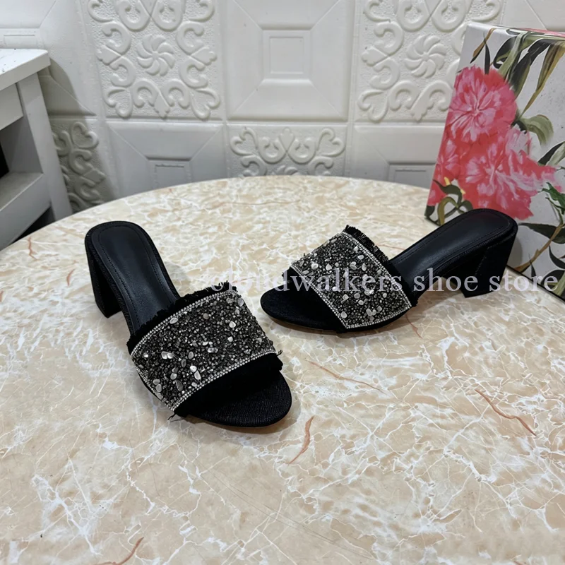 

Women's Denim Slide Sandal Rhinestone Embellish Peep Toe Mules Flat or Block Heel Fringe Trim Slip On Sandal for Party Vacation