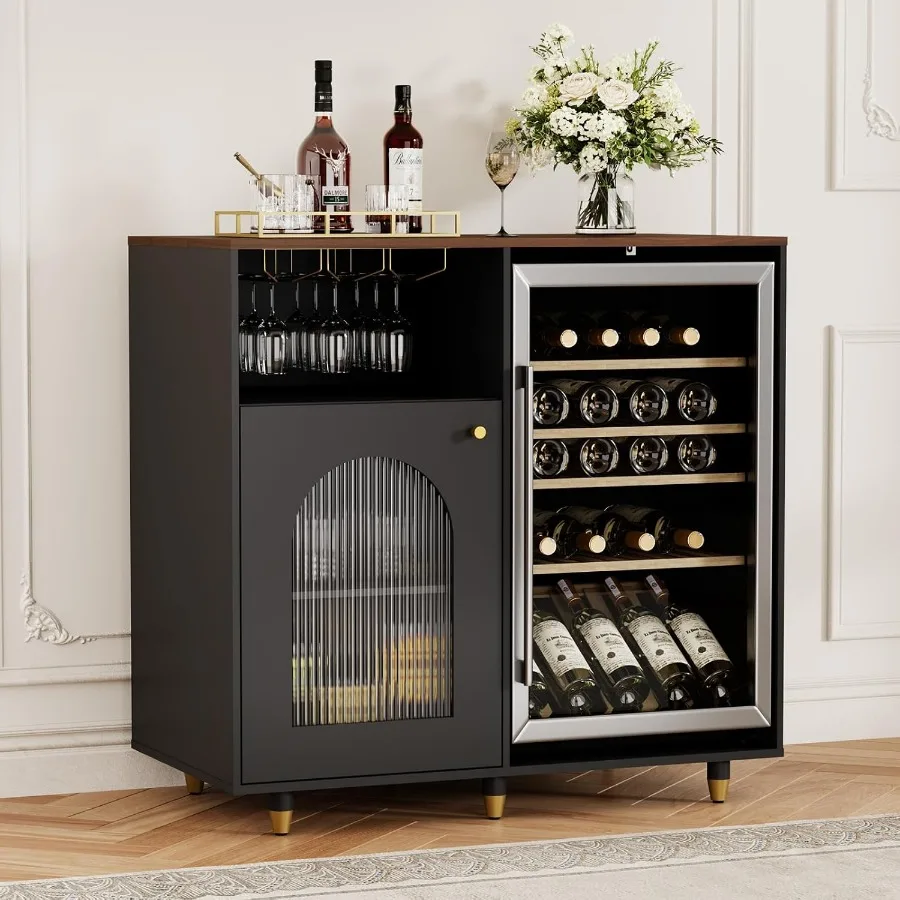 Mini Fridge Cabinet, Coffee Bar Cabinet with Fridge Space and Arch Glass Door