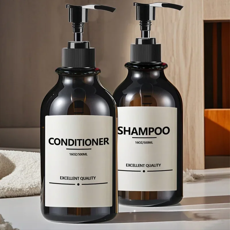 500ml Brown Soap Dispenser With Waterproof Label Stickers Lotion Shampoo Conditioner Body Wash Pump Bottle Bathroom Container