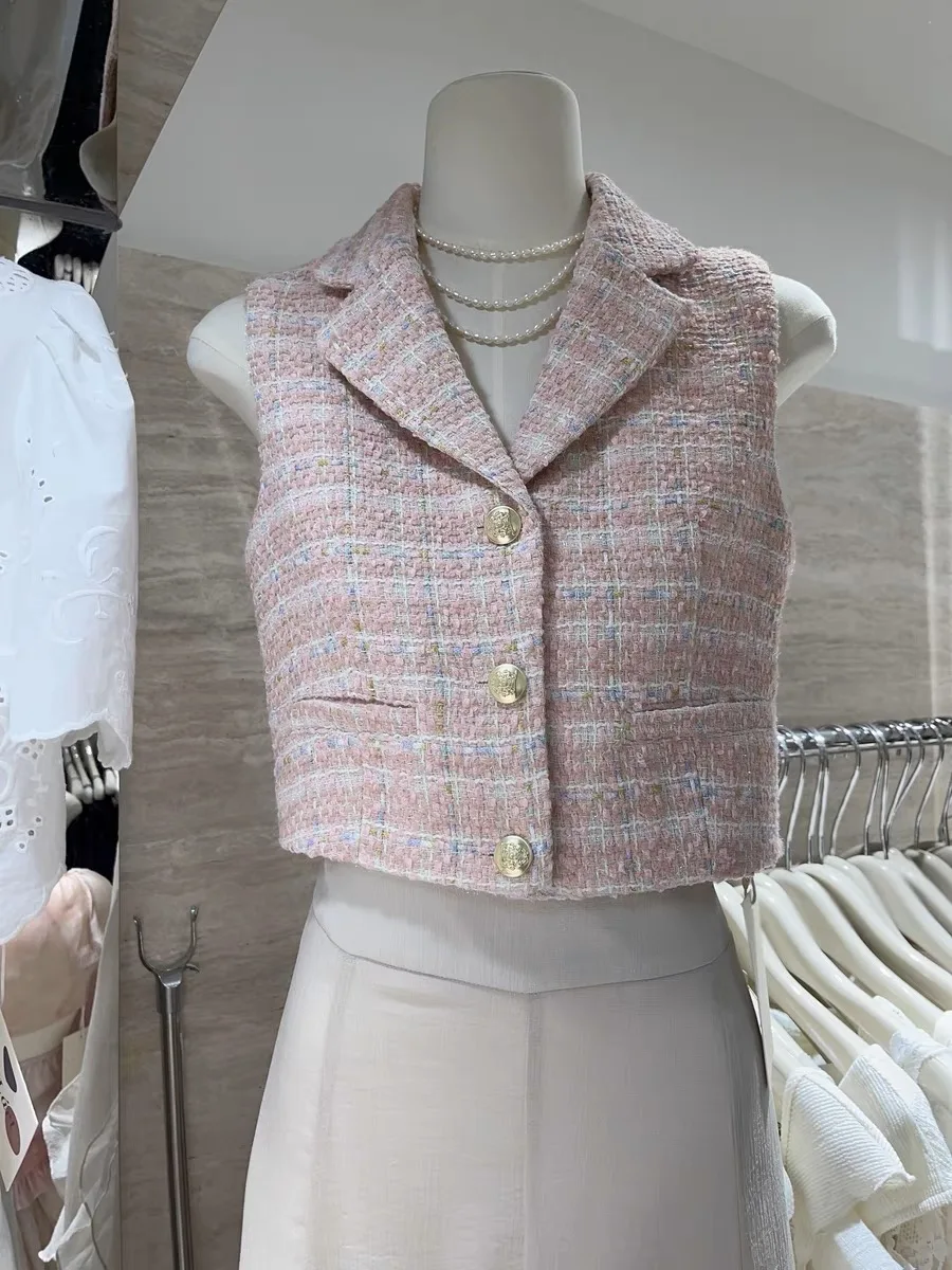 

Женский элегантный твидовый костюм без рукавов, жилет, женская уличная одежда, однобортный короткий топ на бретелях