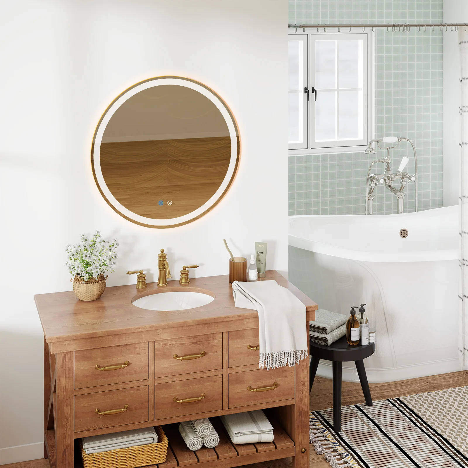 

Smart anti-fog LED bathroom mirror with circular dual lights and 3-color temperature memory dimming