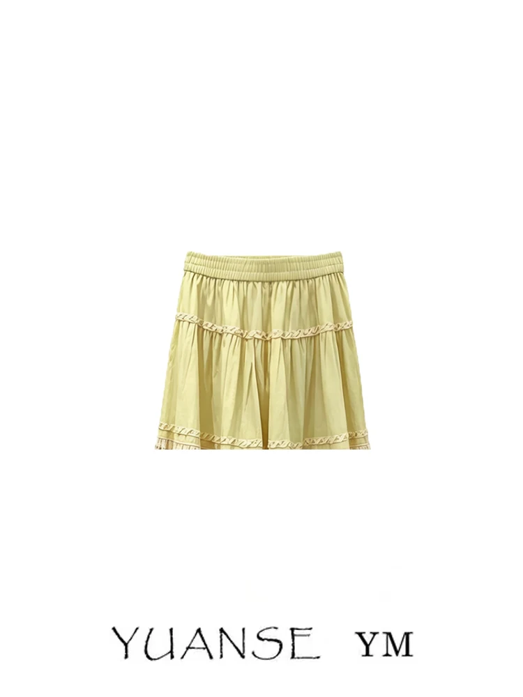 Yellow Stripe High Waist A-Line Midi Skirt Women Summer Beach Style Half Body Skirts Elegant Slimming Country  Air