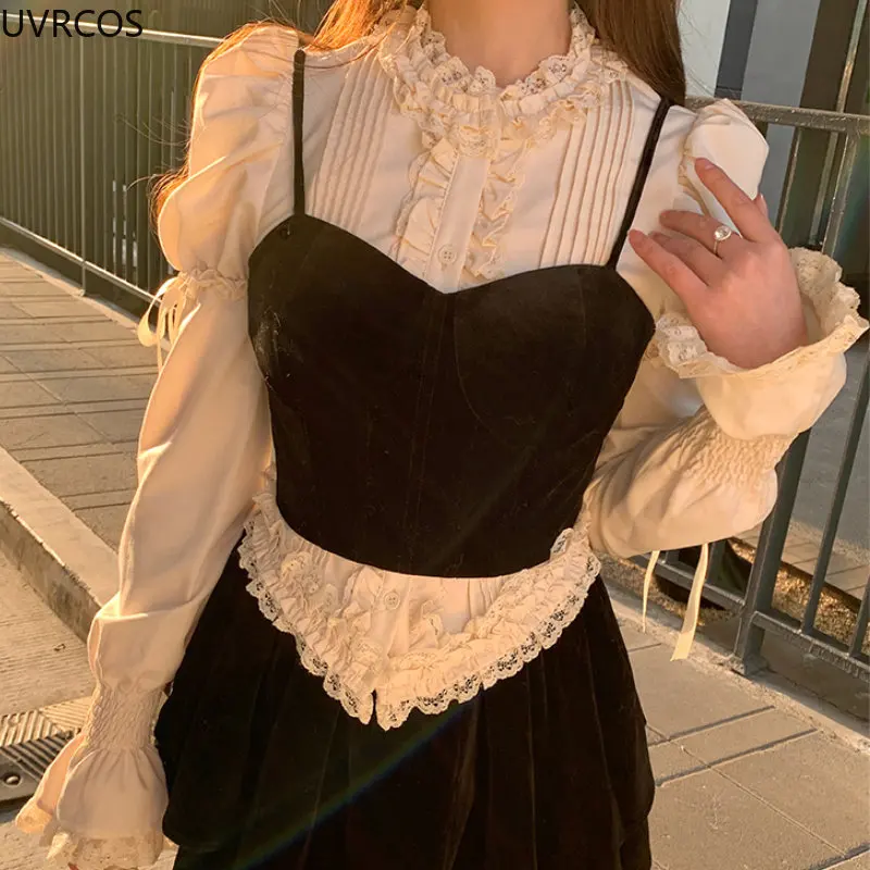 Victorian Elegant Lolita Blouses Women Sweet Lace Ruffles Bandage Puff Long Sleeve Shirts Korean Fashion Slim Vintage Gothic Top