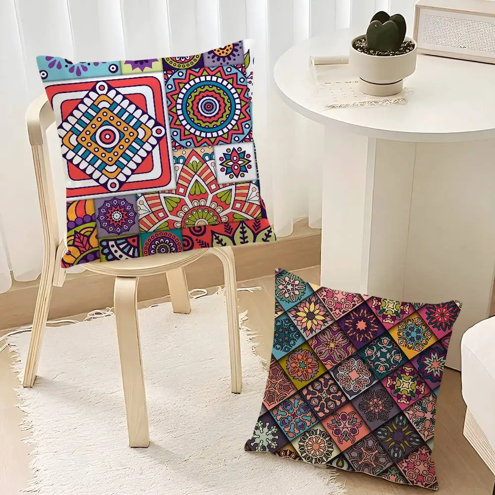 Colorful mandala tiles pattern Pillow Case  Plush Fabric Soft  Pillowcase Double Sided Print Cushion Cover Household Gifts