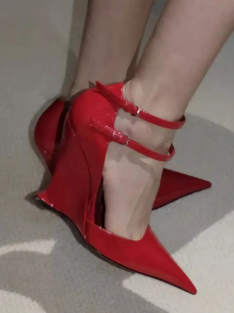 Sexy Women Red Pointed Toe High Heels Wedges Sandals Split Leather Ankle Strap Shoes Runway New Designer Summer Party Sandals