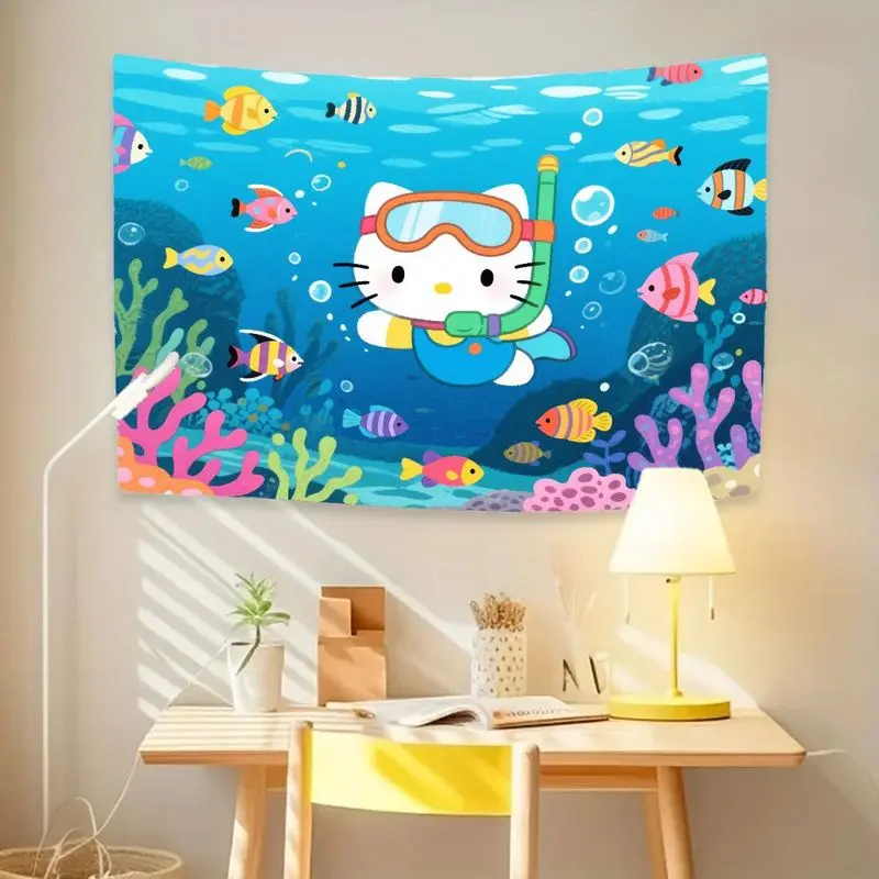 1 szt. Gobelin do snorkelingu z motywem Hello Kitty firmy Sanrio, żywa dekoracja ścienna z motywem oceanu, rybami i rafami koralowymi, uroczy, kawaii dekoracja poliestrowa do pokoju.
