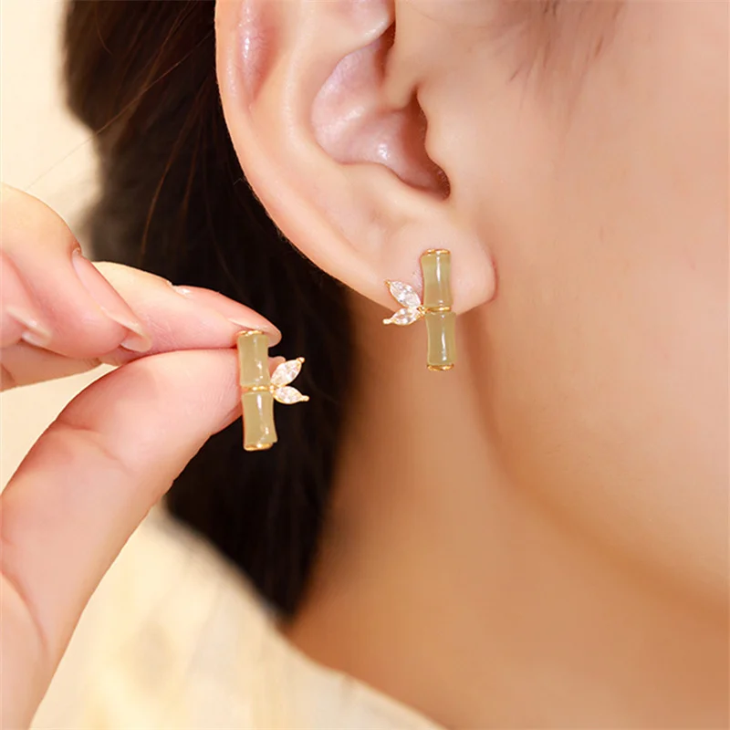 2022 Trendy Transparent Opal Bamboo Stud Earrings For Women Fashion Rhinestone Leaf Chinese Vintage Earrings Aesthetics Jewelry