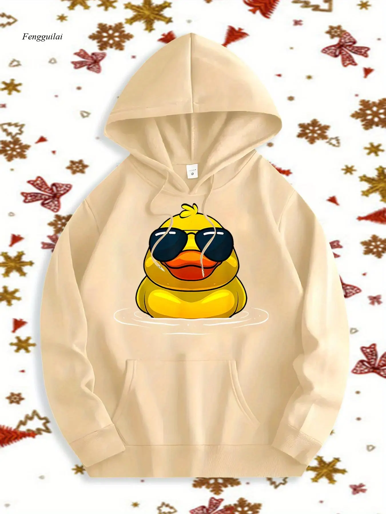 Matching Hoodie - Beige with Yellow Duck Graphic, Cozy Fleece-Lined Pullover for Halloween & Christmas Gifts