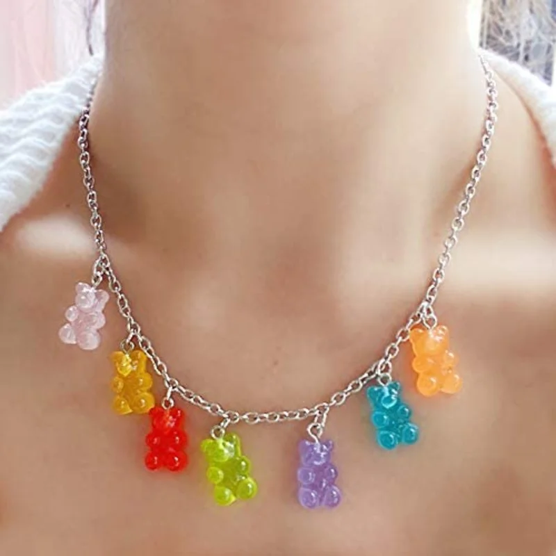 7 Colors Rainbow Bear Necklace Cute Jelly Bear Gummy Bracelet for Women Girls Punk Girl Hip Hop Resin Necklaces Women's Jewelry