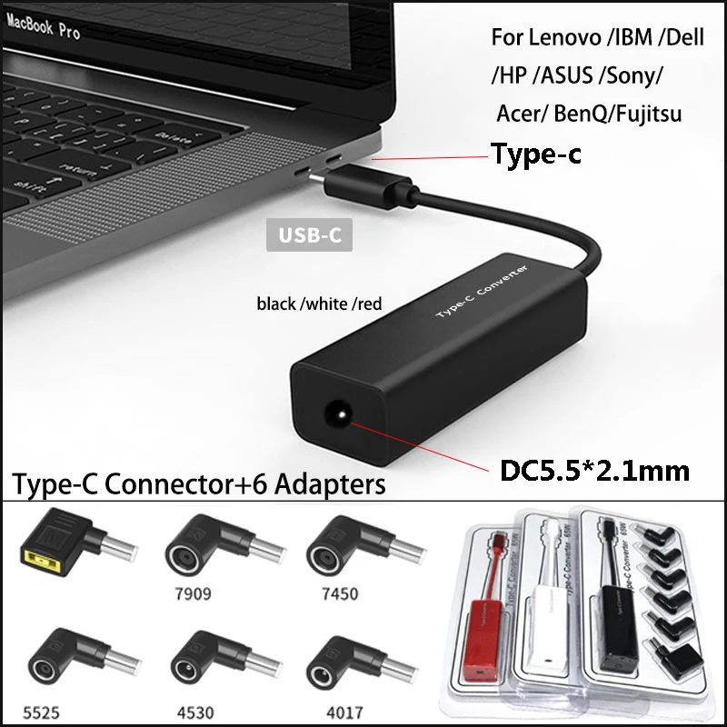 Type-C Connector Adapter Converter+6 DC Dead Charger Conversion Ports 65w For Lenovo/IBM /Dell /HP/ASUS/Sony/Acer/ BenQ/Fujitsu