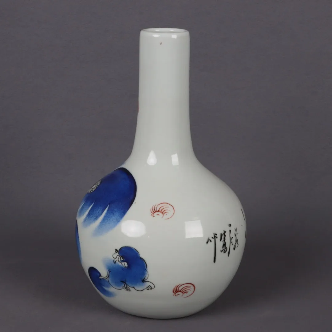 Jingdezhen Pink Blue Lion Taibao Pattern Tianqiu Bottle Antique Porcelain Decoration