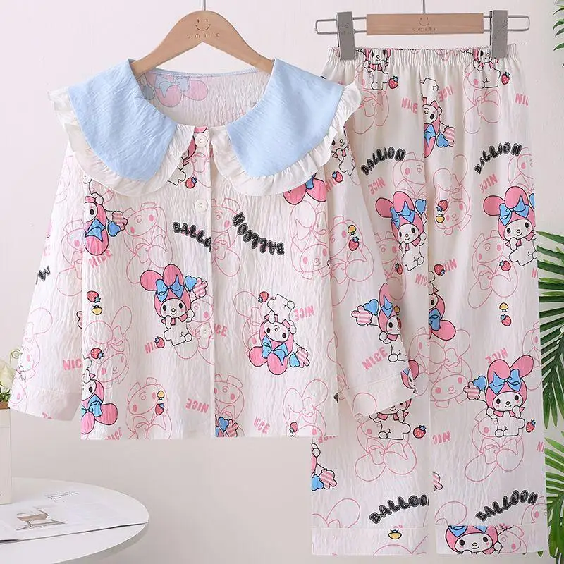 

Kawaii Sanrio Cinnamoroll пижамы Y2K с длинными рукавами для девочек My Melody Kuromi, тонкий кардиган с героями мультфильмов аниме, хлопковый повседневный комплект одежды для сна