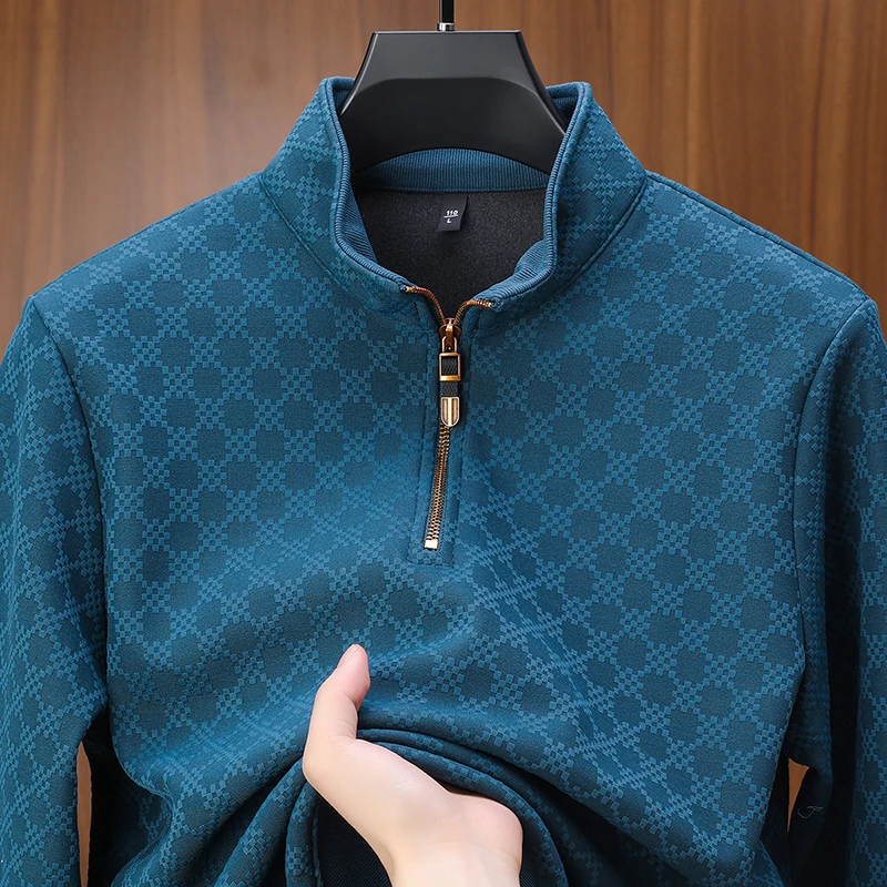 جودة فاخرة للرجال سميكة هوديي الوقوف طوق سستة منقوشة طباعة كم طويل البلوز الشتاء الأعمال موضة الملابس الرجالية الكلاسيكية #4